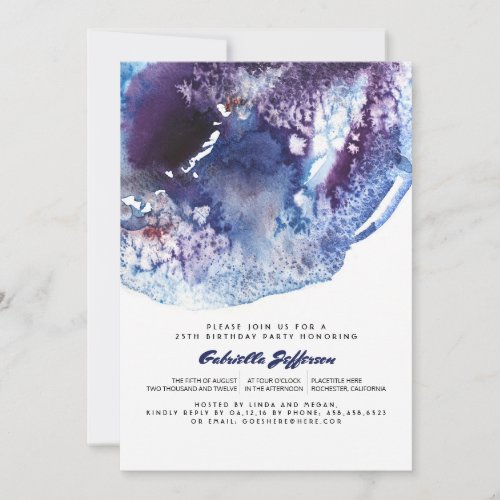 Indigo Blue Modern Watercolor Birthday Party Invitation - Modern watercolor birthday party invitation with indigo blues and purple agata crystals splatters