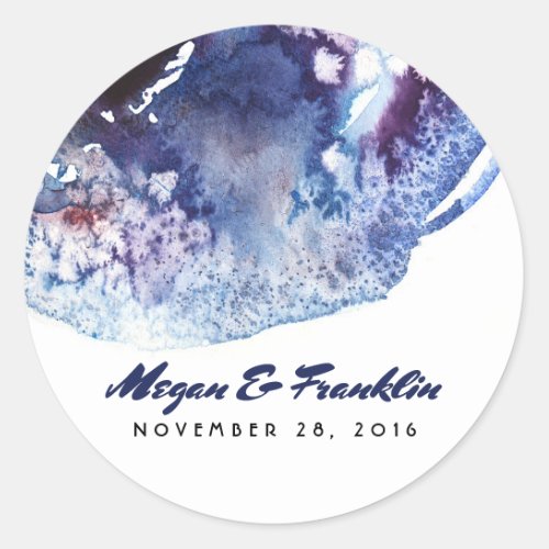 Indigo Blue Modern Watercolor Crystals Wedding Classic Round Sticker - Blue and purple watercolors agata crystals modern wedding seals