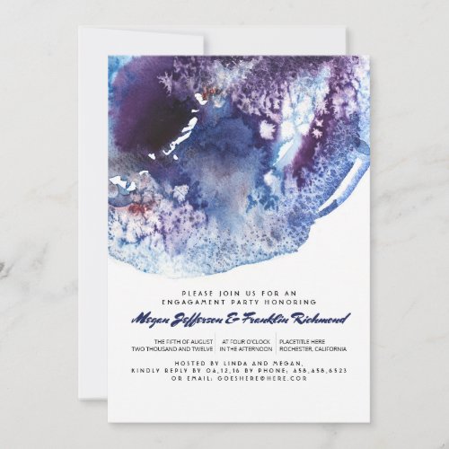 Indigo Blue Modern Watercolor Engagement Party Invitation - Modern watercolor engagement party invitation with indigo blues and purple agata crystals splatters