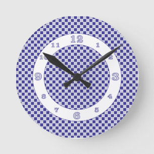 Indigo Blue Monochromatic Checks Round Clock