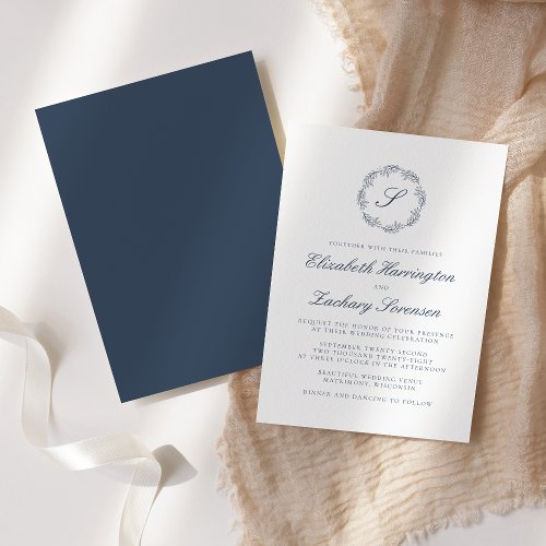 Indigo Blue Monogram Wreath Script Wedding Invitation
