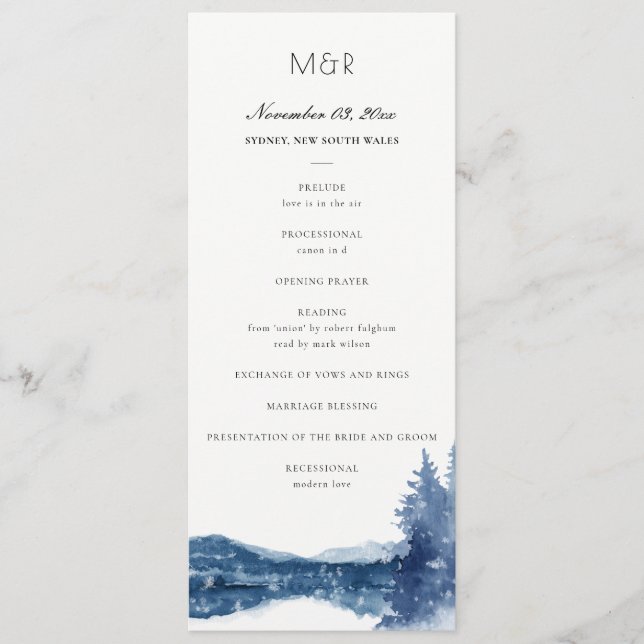 INDIGO BLUE MOUNTAIN LAKE WEDDING CEREMONY PROGRAM (Front)
