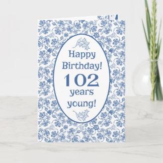 Indigo Blue on White Floral 102nd Birthday Card