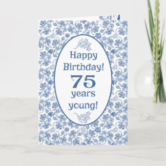 Indigo Blue on White Floral 75th Birthday Card