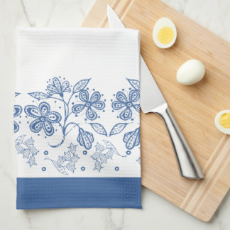 Indigo Blue on White Floral Border Kitchen Towel