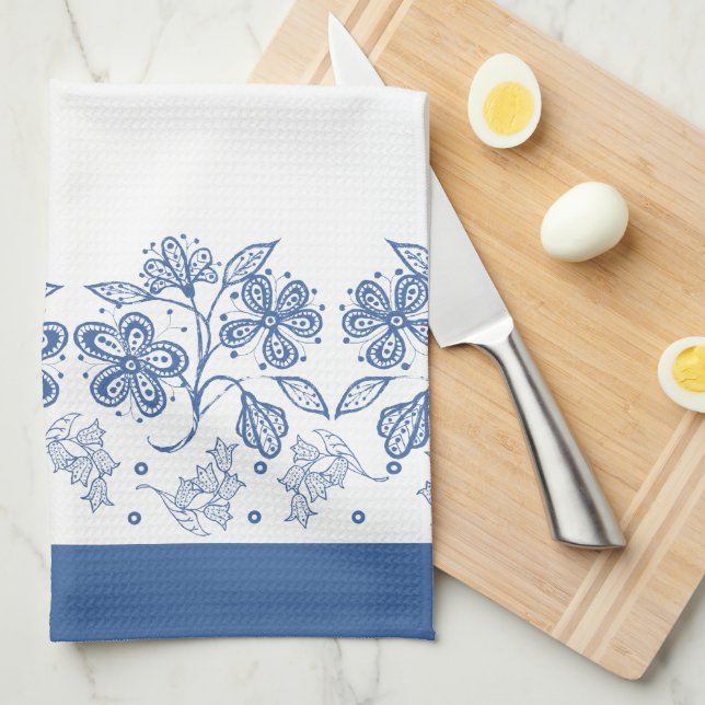 Indigo Blue on White Floral Border Kitchen Towel (Quarter Fold)
