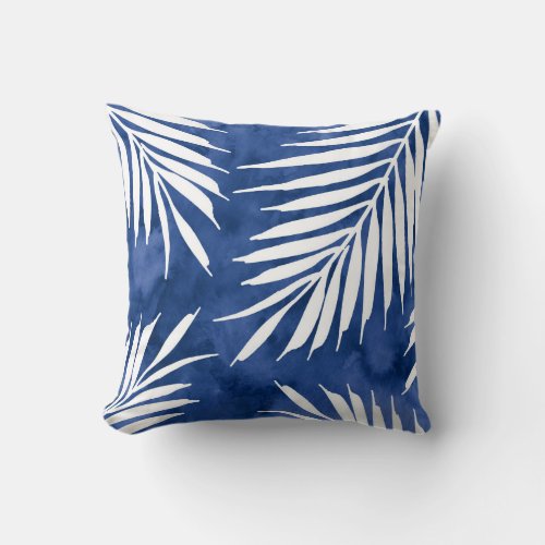 Indigo Blue Palm Leaves Watercolor Silhouette Throw Pillow