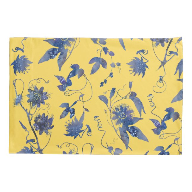 Indigo Blue Passion Flowers on Mustard Yellow Pillow Case (Back)
