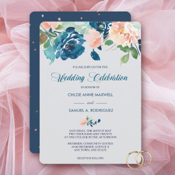 Indigo Blue Peach Roses Border Wedding Invitation by AvenueCentral at Zazzle