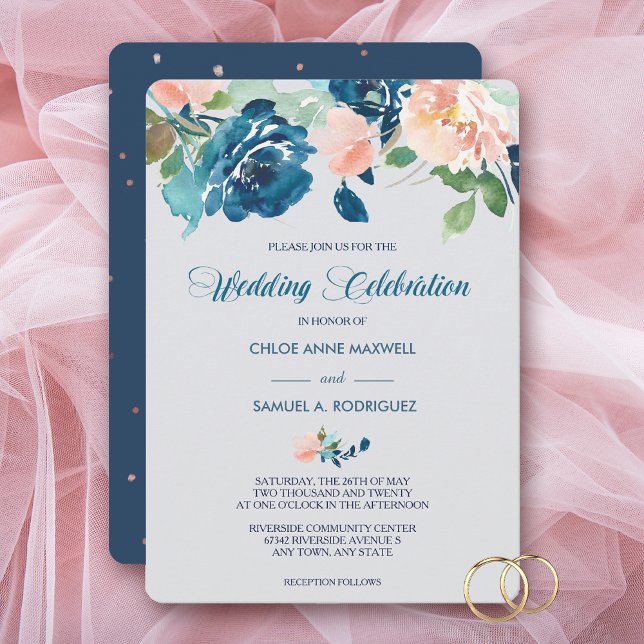 Indigo Blue Peach Roses Border Wedding Invitation (Creator Uploaded)