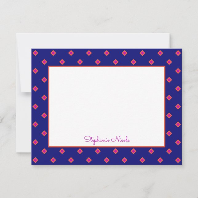 Indigo Blue Pink Orange Diamond Polka Dot Name  Note Card (Front)
