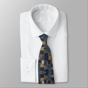 Indigo Blue Sashiko & Kasuri Patchwork Neck Tie