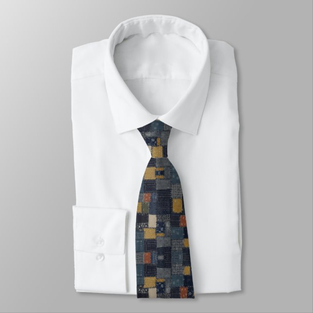 Indigo Blue Sashiko & Kasuri Patchwork Neck Tie (Tied)