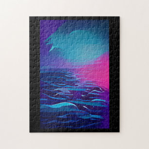 Indigo blue sea pink horizon abstract graphic art jigsaw puzzle