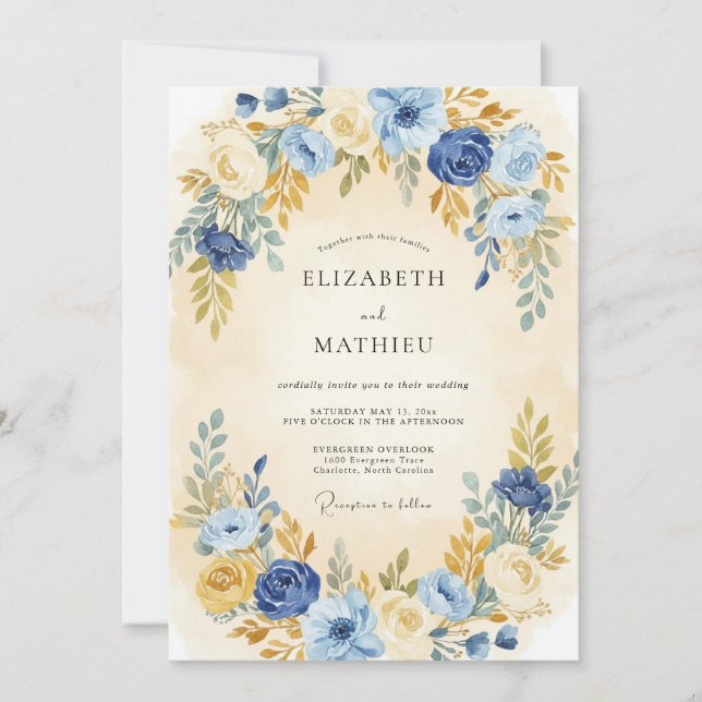 Indigo Blue Serene Botanical Wedding Invitation (Front)