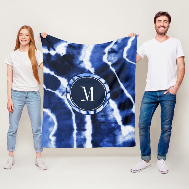 Indigo Blue Shibori Marble Agate Tie Dye Monogram  Fleece Blanket (In Situ)