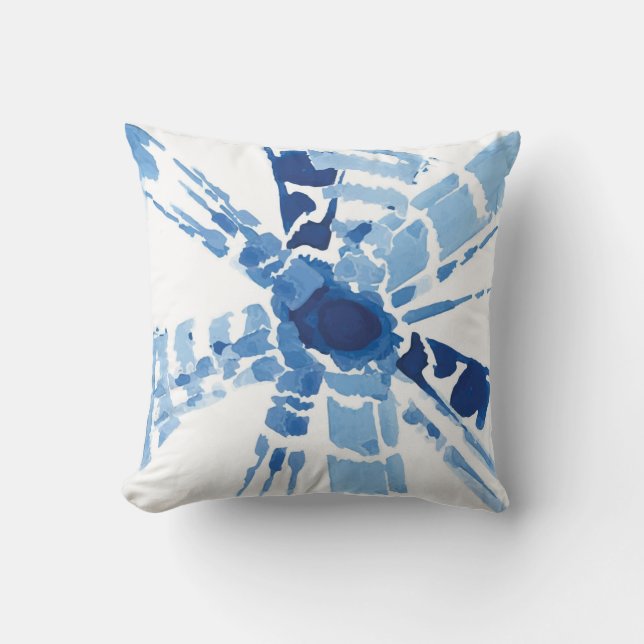 Indigo blue Shibori sunburst watercolor print Throw Pillow (Front)