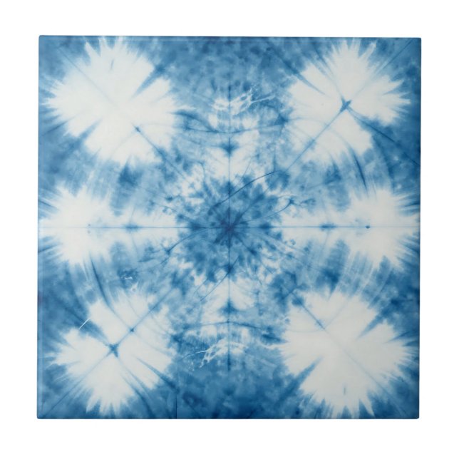 Indigo Blue Shibori Tie Dye Pattern Ceramic Tile (Front)