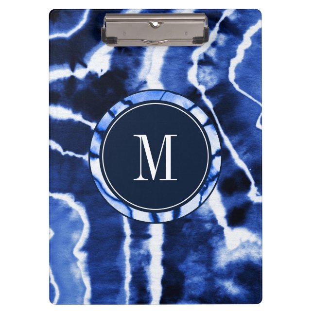 Indigo Blue Shibori Tie Dye Watercolor Monogram Clipboard (Front)