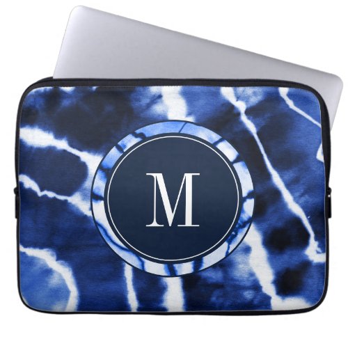 Indigo Blue Shibori Tie Dye Watercolor Monogram Laptop Sleeve
