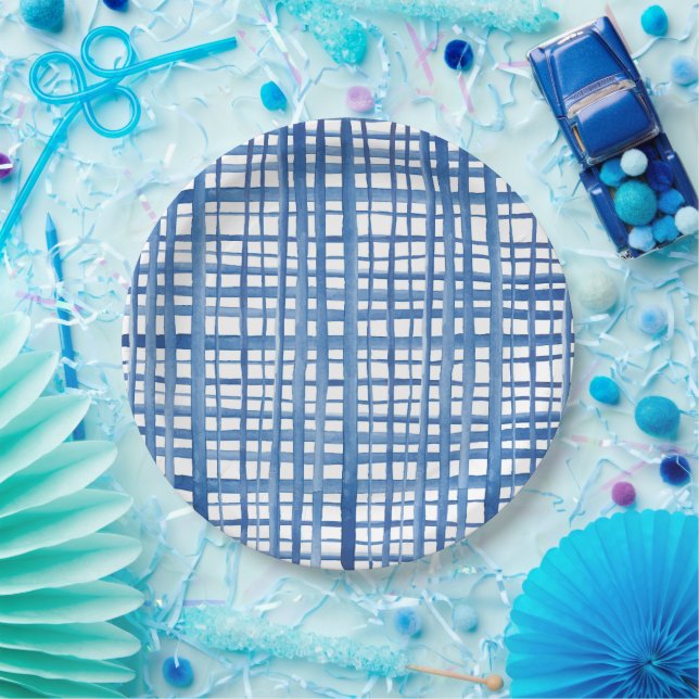 Indigo blue Shibori watercolor grid pattern  Paper Plates (Party)