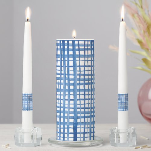 Indigo blue Shibori watercolor grid pattern  Unity Candle Set