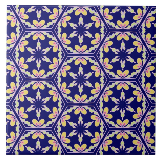 Indigo Blue Spanish Mediterranean Style Pattern Ceramic Tile (Front)