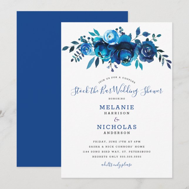 Indigo Blue Stock the Bar wedding shower Invitation (Front/Back)