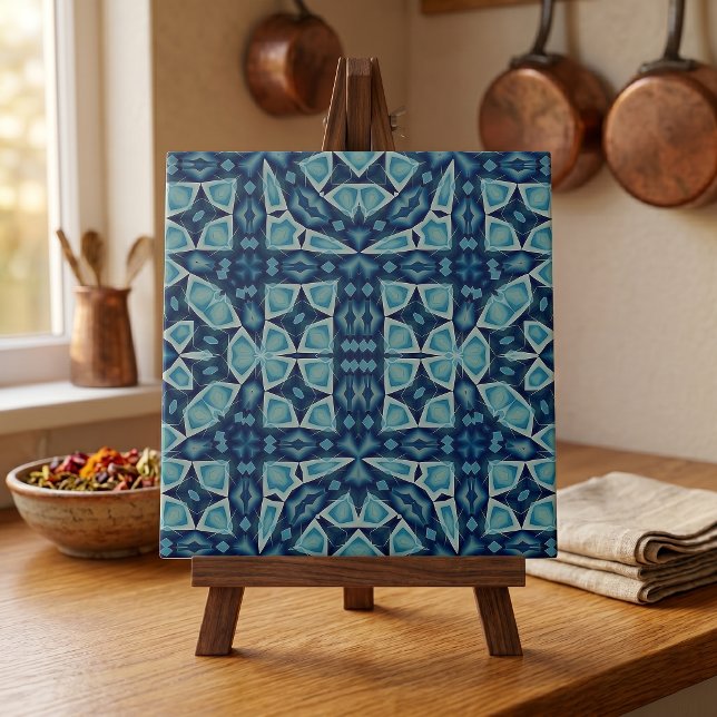 Indigo Blue Symmetrical Geometric Mosaic Art Ceramic Tile (Creator Uploaded)