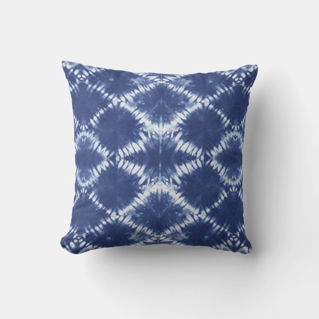 Indigo Blue Tie Dye Abstract Shibori Throw Pillow (Front)