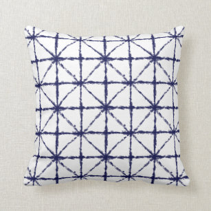 Indigo Blue Tie Dye Look Square Grid Pattern Throw Pillow
