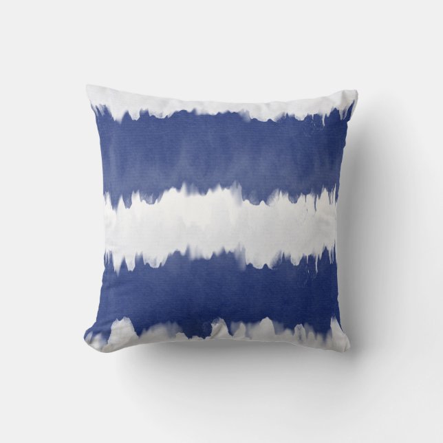 Indigo Blue Tie Dye Shibori Stripe Throw Pillow (Front)