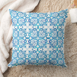 Indigo blue tile pattern throw pillow