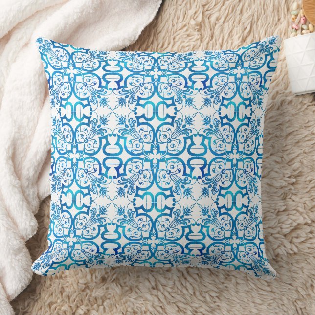 Indigo blue tile pattern throw pillow (Blanket)