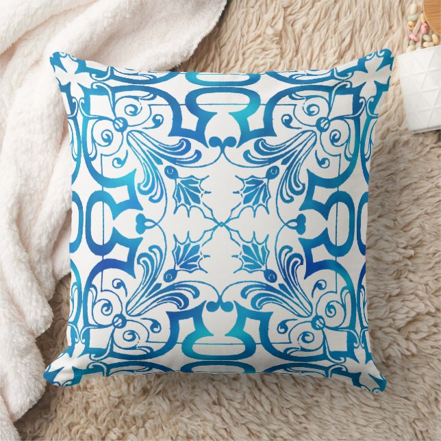 Indigo blue tile pattern throw pillow (Blanket)