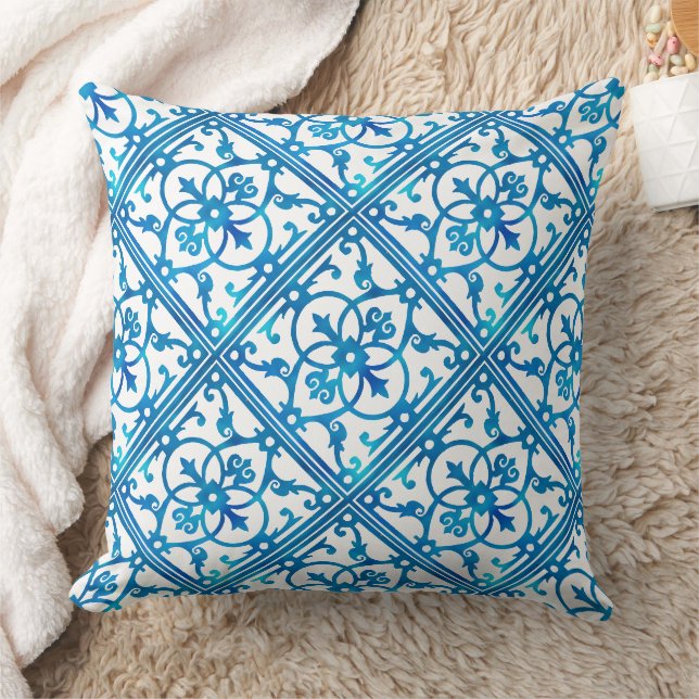 Indigo blue tile pattern throw pillow (Blanket)