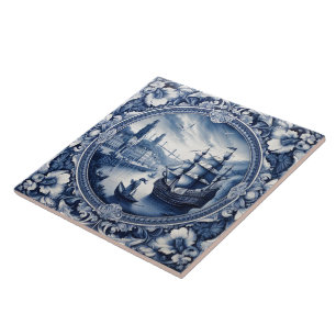Indigo Blue Tiles Show Maritime Scene