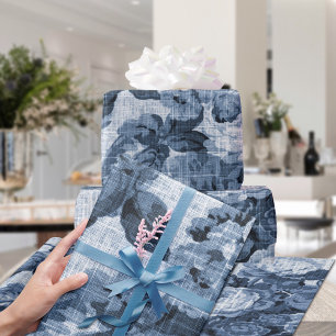 Indigo Blue Tone Vintage Floral Toile Fabric No.4 Wrapping Paper