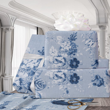 Indigo Blue Tone Vintage Floral Toile Fabric No.5 Wrapping Paper by LeonOziel at Zazzle