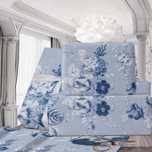 Indigo Blue Tone Vintage Floral Toile Fabric No5 Wrapping Paper