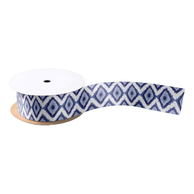 Indigo Blue Tribal Ikat Diamond White Chevron Satin Ribbon (Spool)