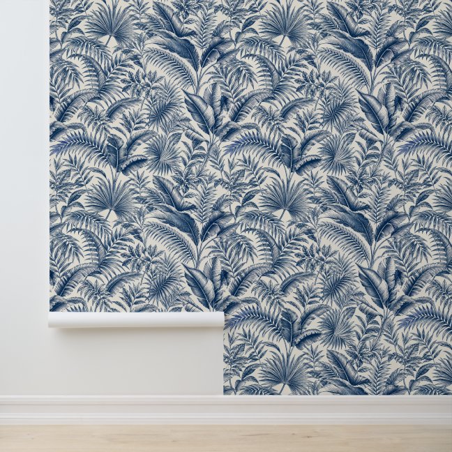 Indigo Blue Tropical Foliage Botanical Pattern Wallpaper