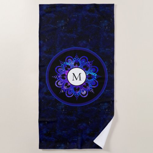 Indigo Blue Universe Galaxy Mandala Boho Monogram Beach Towel
