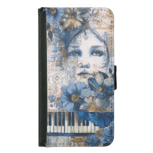 Indigo Blue Vintage Abstract Art Collage Samsung Galaxy S5 Wallet Case