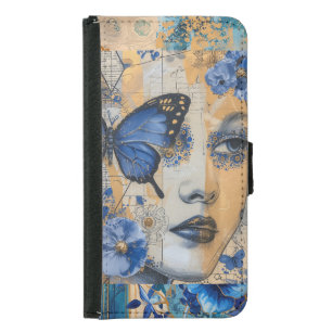 Indigo Blue Vintage Abstract Art Collage Samsung Galaxy S5 Wallet Case