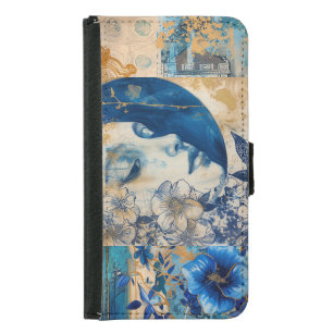 Indigo Blue Vintage Abstract Art Collage Samsung Galaxy S5 Wallet Case