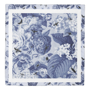 Indigo Blue Vintage Botanical & Bugs Floral Toile Duvet Cover