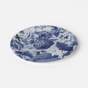 Indigo Blue Vintage Botanical & Bugs Floral Toile Paper Plates