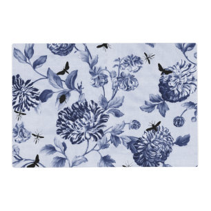 Indigo Blue Vintage Botanical & Bugs Floral Toile Placemat