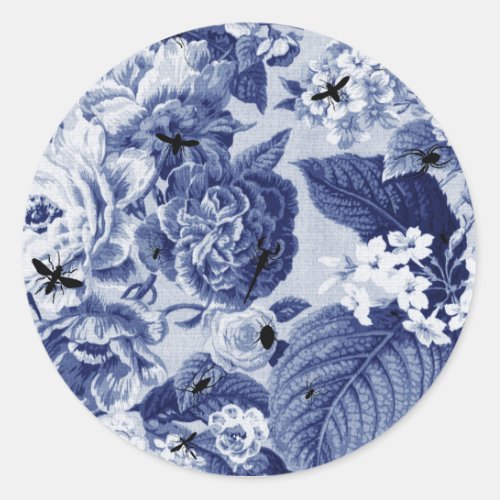 Indigo Blue Vintage Botanical Floral Toile  Bees Classic Round Sticker